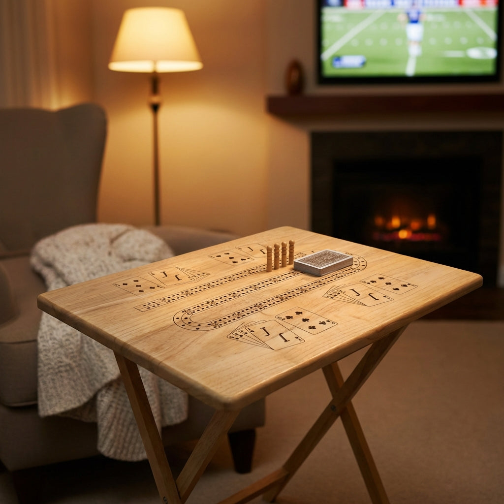 Overhead shot of a small cribbage board integrated into a repurposed TV tray, with detailed engravings and a lively bright kitchen background.
