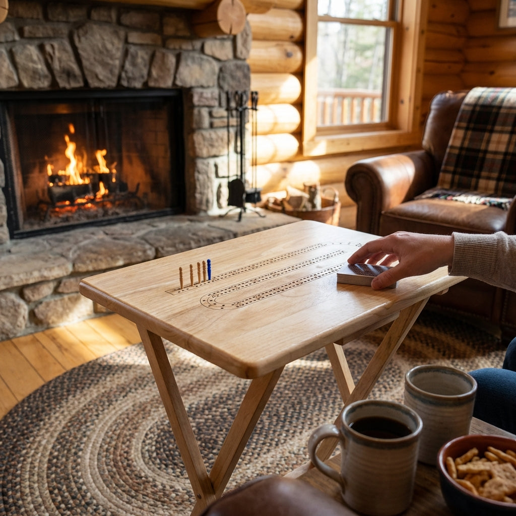Close-up of a delicate cribbage board embedded in a vintage upcycled TV tray, showing engraved scoring tracks on warm wood with soft natural lighting.